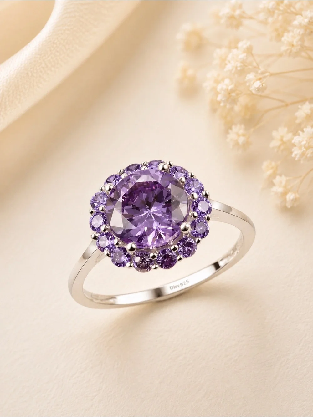 Amethyst Simulated Diamond Halo Ring 925 Sterling Silver Purple Gemstone